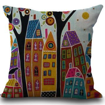 Hand Painted Abstract House Trees Linen Cotton Decorative Pillow Cushion For Home Gifts