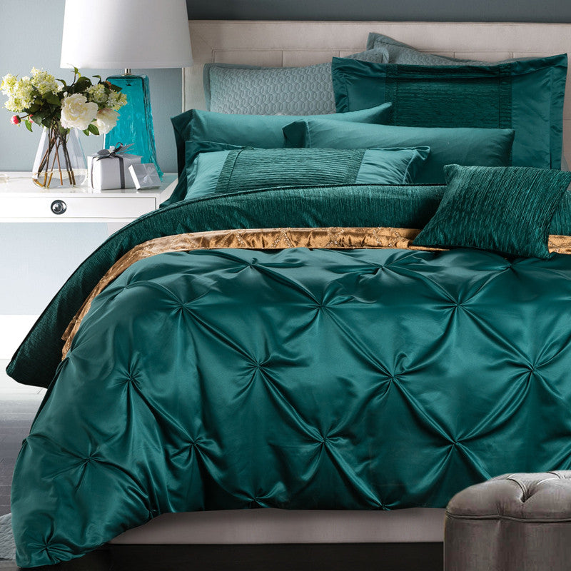 6-Pieces Cotton Imitated Silk Luxury Bedding Set Pinch Pleat Bed Set King Queen Bed Linens Duvet Cover Bed Sheet