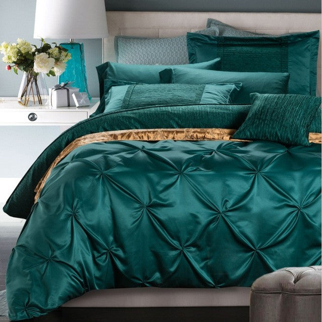 6-Pieces Cotton Imitated Silk Luxury Bedding Set Pinch Pleat Bed Set King Queen Bed Linens Duvet Cover Bed Sheet