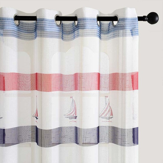 Modern Striped Faux Linen Tulle Curtains for Living Room Bedroom Print Sheer Voile Curtain Panels Kids Boy