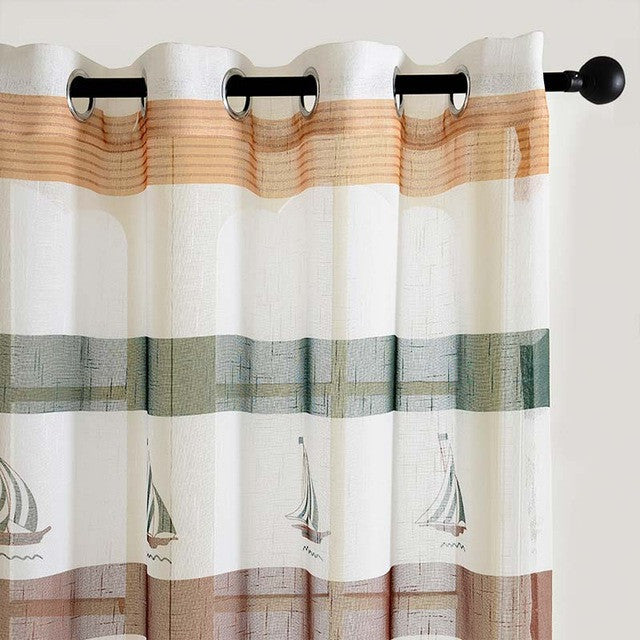 Modern Striped Faux Linen Tulle Curtains for Living Room Bedroom Print Sheer Voile Curtain Panels Kids Boy