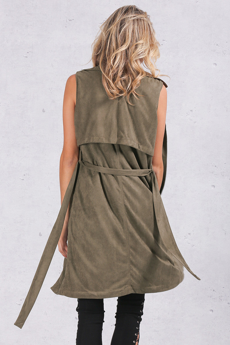 Army Green Suede Trench Coat Vest Waistcoat Jacket - CELEBRITYSTYLEFASHION.COM.AU - 8