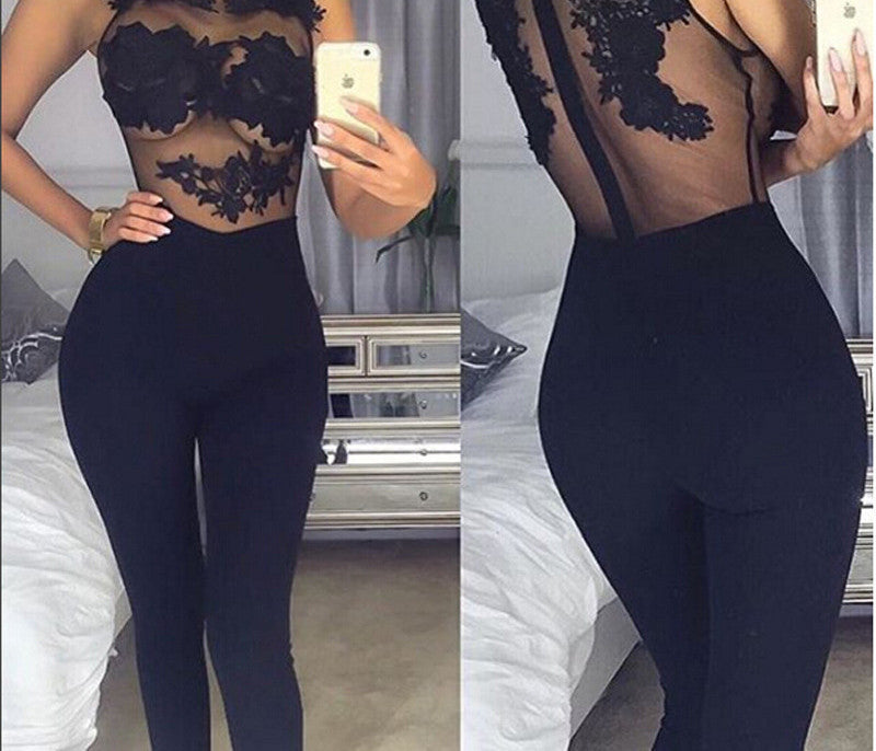Women Bodycon jumpsuit Black Lace Bodysuit Female Transparent Mesh Embroidery Rompers Flower Jumpsuit-Dollar Bargains Online Shopping Australia