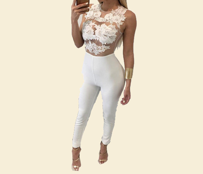 Women Bodycon jumpsuit Black Lace Bodysuit Female Transparent Mesh Embroidery Rompers Flower Jumpsuit-Dollar Bargains Online Shopping Australia