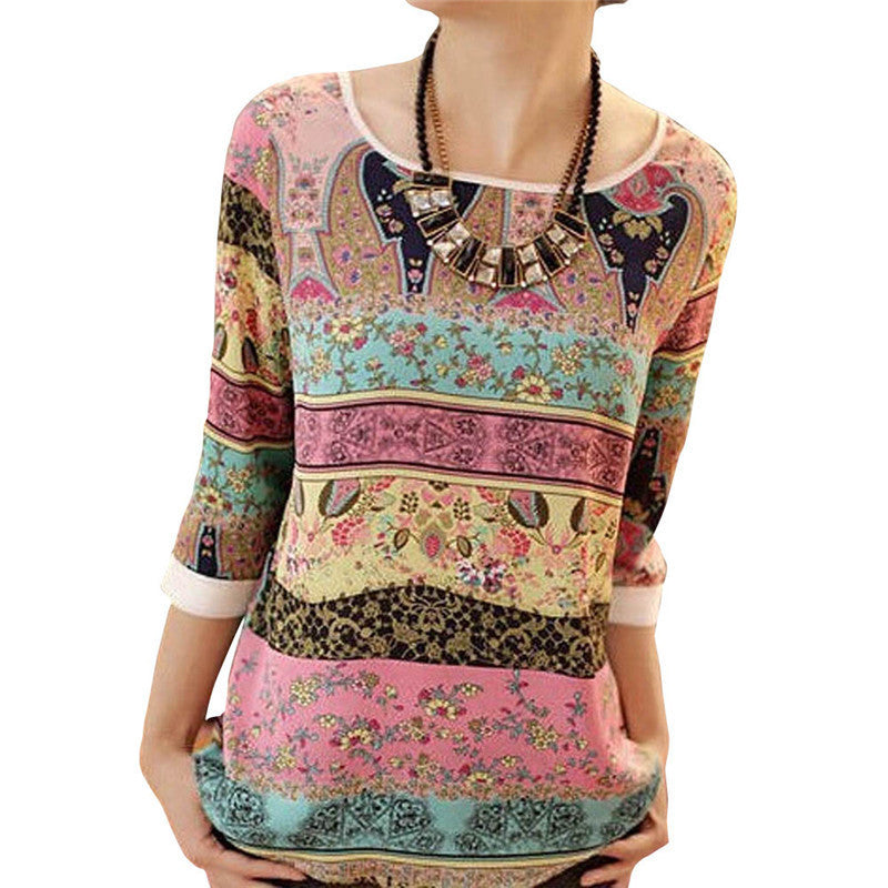Fashion Women Print Chiffon Blouse O-neck Elegant Floral Three Quarter Puff Sleeve Shirt Blusas Women Summer Tops XXL-Dollar Bargains Online Shopping Australia