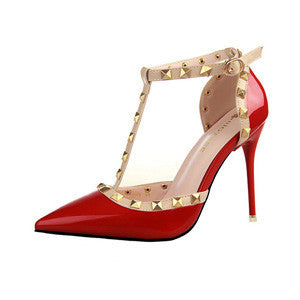 Autumn 10.5cm High Heels T Straps Rivets High Heels Women Sandal Shoes Fashion Patent Leather Woman Shoes-Dollar Bargains Online Shopping Australia
