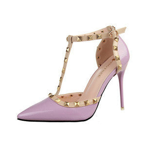 Autumn 10.5cm High Heels T Straps Rivets High Heels Women Sandal Shoes Fashion Patent Leather Woman Shoes-Dollar Bargains Online Shopping Australia