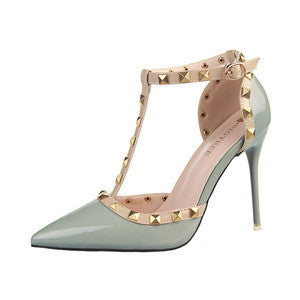 Autumn 10.5cm High Heels T Straps Rivets High Heels Women Sandal Shoes Fashion Patent Leather Woman Shoes-Dollar Bargains Online Shopping Australia