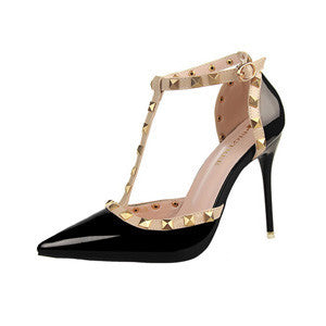 Autumn 10.5cm High Heels T Straps Rivets High Heels Women Sandal Shoes Fashion Patent Leather Woman Shoes-Dollar Bargains Online Shopping Australia
