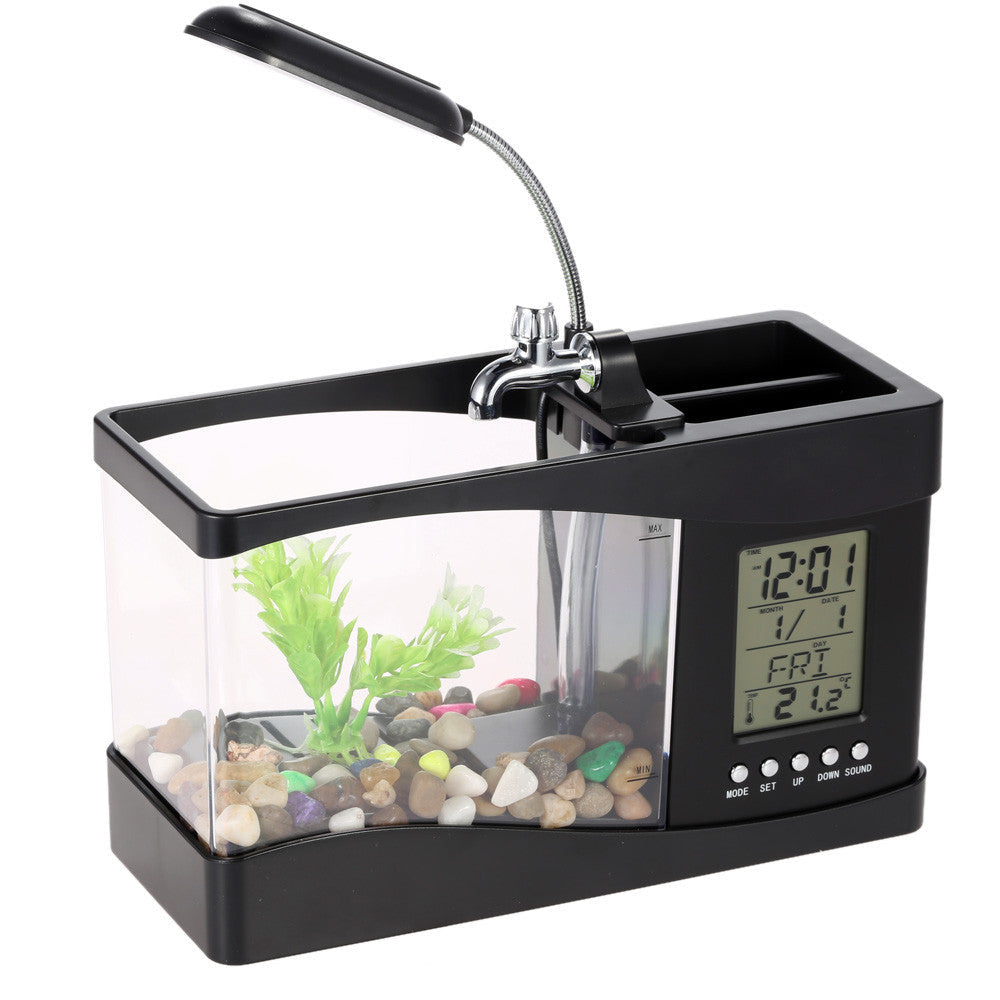 Usb Mini Fish Tank Desktop Electronic Aquarium Mini Fish Tank with Water Running LED Pump Light Calendar Clock White Black-Dollar Bargains Online Shopping Australia