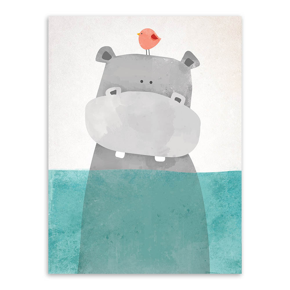 Modern Nordic Kawaii Bear Hippo Bird Animal A4 Art Prints Poster Cartoon Wall Pictures Canvas Painting No Framed Kids Room Decor-Dollar Bargains Online Shopping Australia
