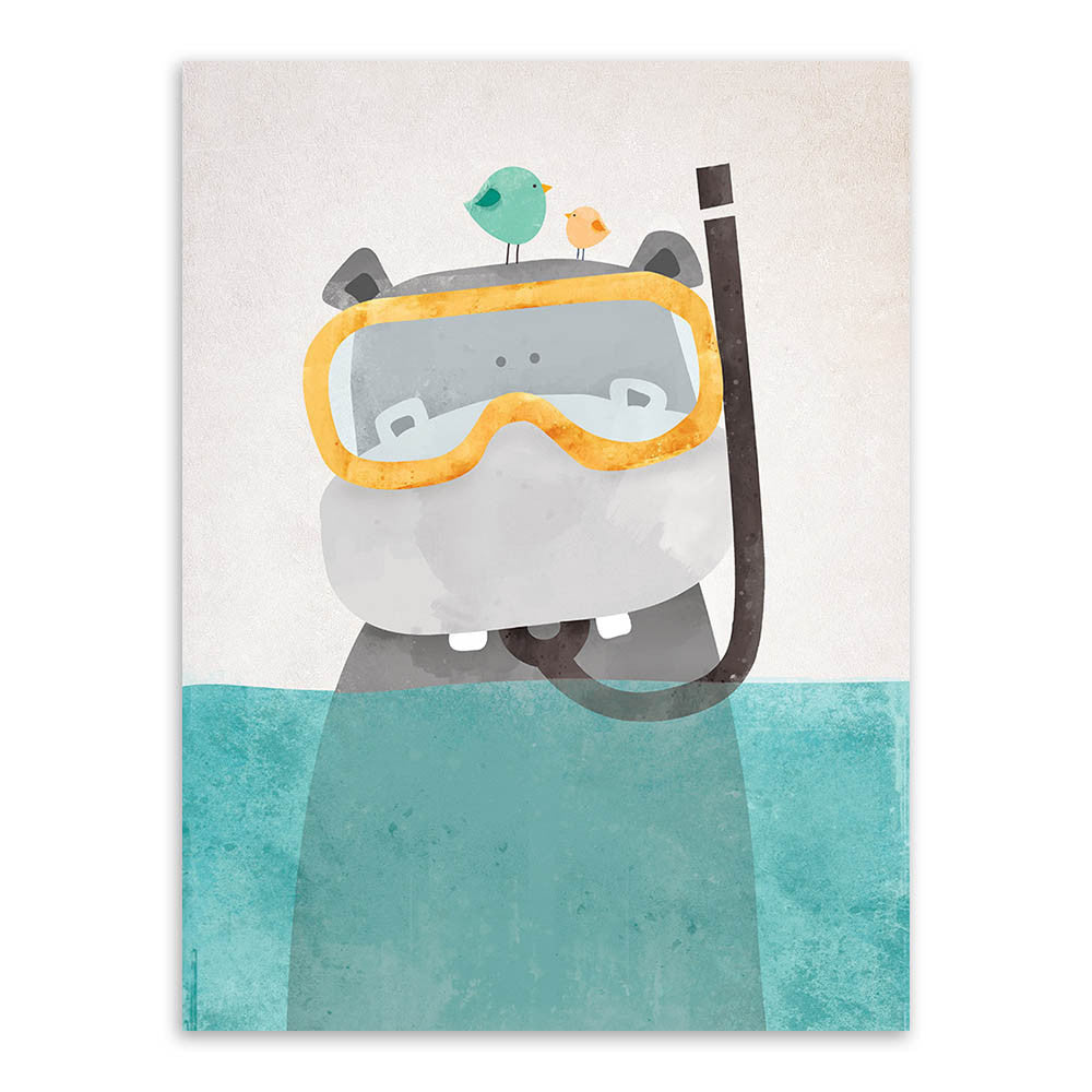 Modern Nordic Kawaii Bear Hippo Bird Animal A4 Art Prints Poster Cartoon Wall Pictures Canvas Painting No Framed Kids Room Decor-Dollar Bargains Online Shopping Australia
