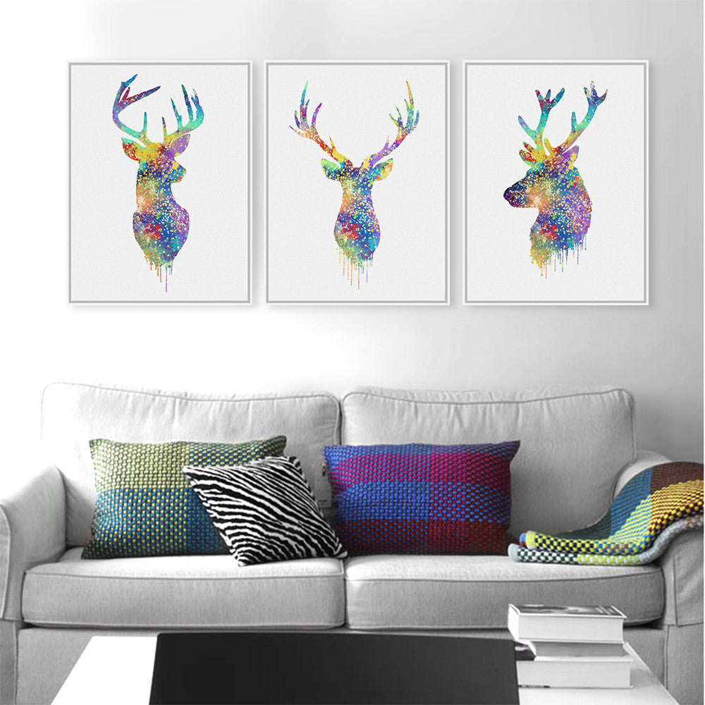 Triptych Watercolor Deer Head A4 Poster Print Abstract Animal Pictures Canvas Painting No Frames Living Room Home Decor Wall Art-Dollar Bargains Online Shopping Australia