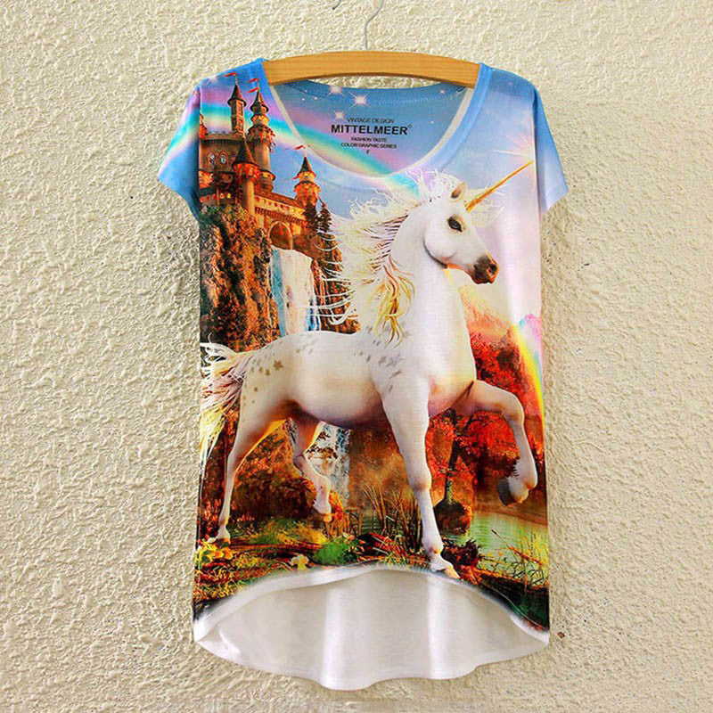 Cotton cropped t Shirt Women Short Sleeve t-shirts o-neck Causal loose Magic Unicorn T Shirt Summer top for women-Dollar Bargains Online Shopping Australia