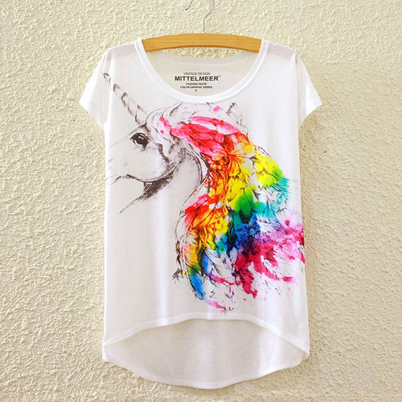 Cotton cropped t Shirt Women Short Sleeve t-shirts o-neck Causal loose Magic Unicorn T Shirt Summer top for women-Dollar Bargains Online Shopping Australia