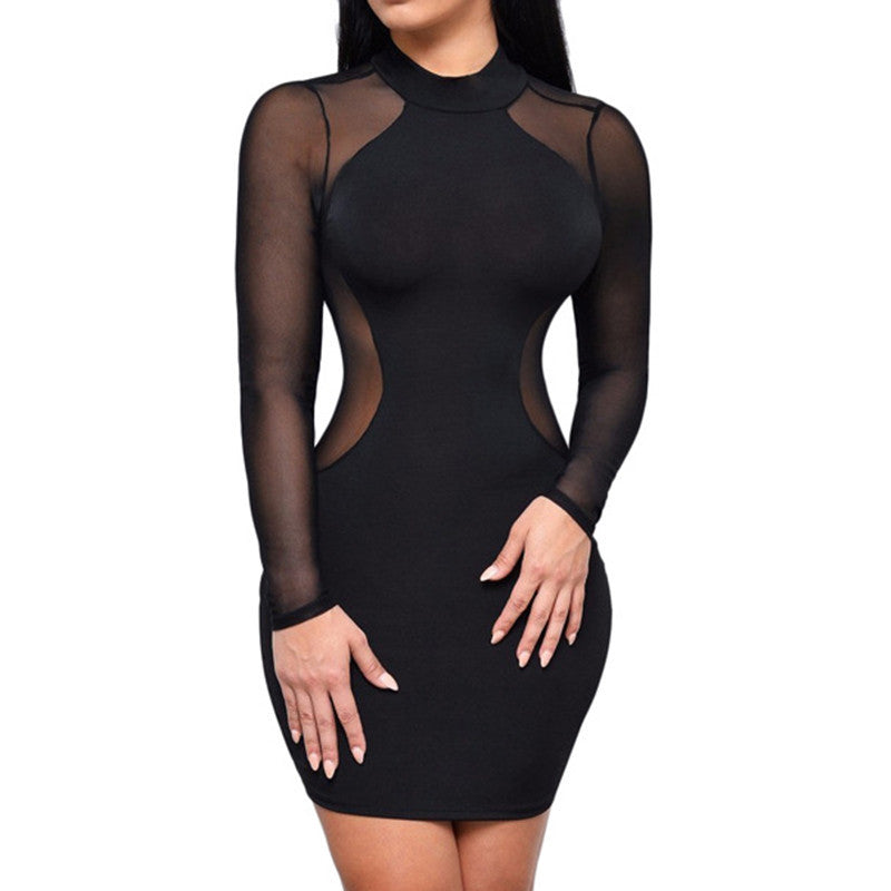 Night Club Long Sleeve Geometric Patchwork Mesh Party Dress - CELEBRITYSTYLEFASHION.COM.AU - 1