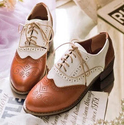Fashion Vintage Leather Black And White Cutout Carved Lace Up Low Heel Oxford Brogue Flat Shoes For Women Plus Size Casual Shoe-Dollar Bargains Online Shopping Australia