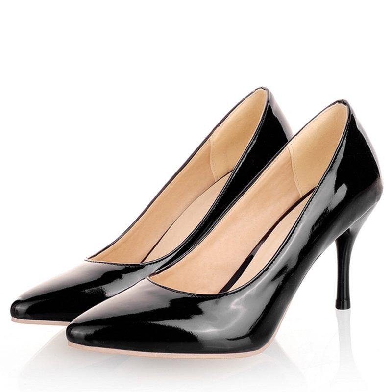 Women Nude Color Patent Leather Pumps spring Fashion Pointed Toe High Thin Heels Stilettos Slip On Party Shoes Plus Size 43-Dollar Bargains Online Shopping Australia