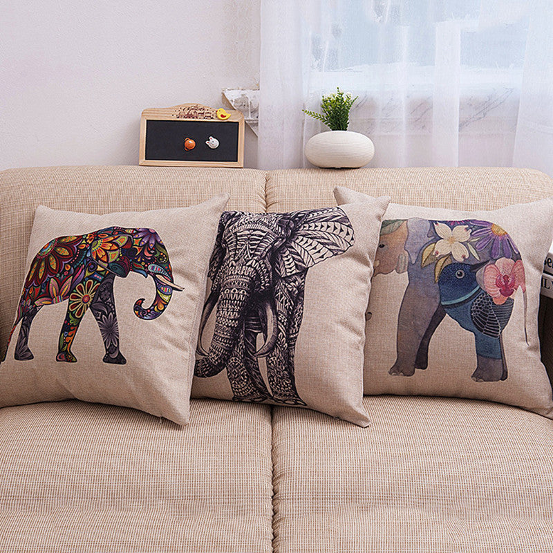 Square 45X45CM European Vintage Colorful Elephant Printed Pillow Case Animal Cushion Cotton linen Cover Throw pillow case Y2