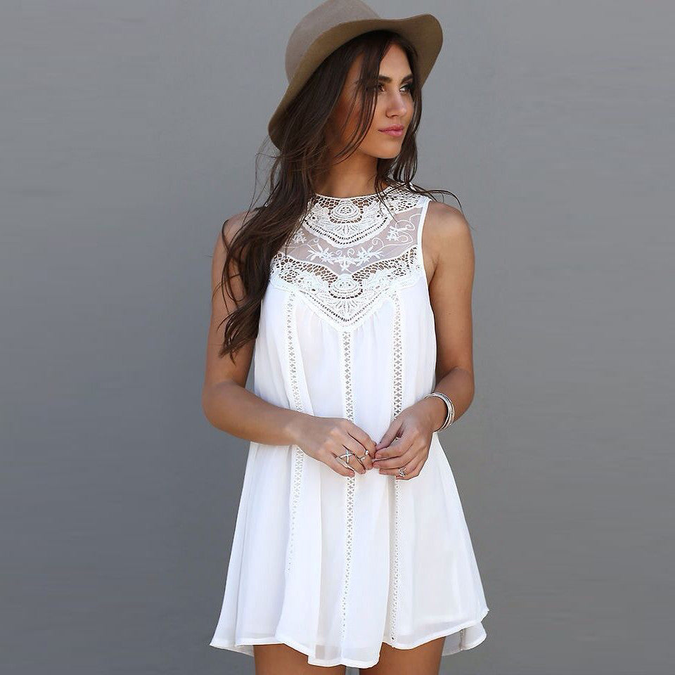 Fashion Tassel Solid White Mini Lace Dress Summer Dress Sexy Women Casual Sleeveless Beach Short Dress Vestidos Plus Size - CelebritystyleFashion.com.au online clothing shop australia