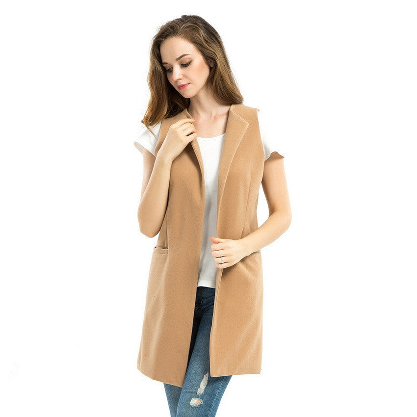 New Women Spring Wool Blend Vest Waistcoat Ladies Winter Long Camel Vest Sleeveless Jacket Coat Plus Size Veste Femme Gilet - CelebritystyleFashion.com.au online clothing shop australia