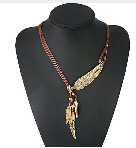 Fashion Bohemian Style Black Rope Chain Feather Pattern Pendant Necklace For Women Fine Jewelry Collares Statement Necklace-Dollar Bargains Online Shopping Australia