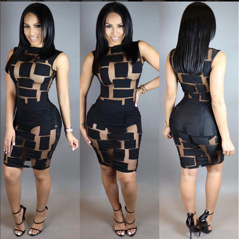 Sheer Mesh Patchwork Pencil Dress -  - 2