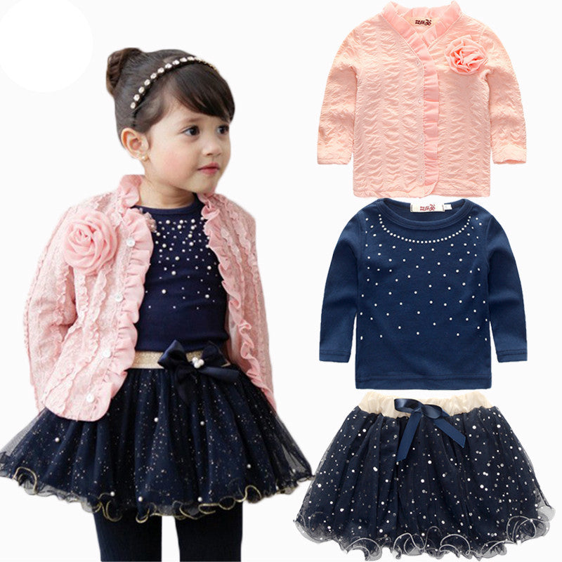 Spring baby girls clothing sets 3 pieces suit girls flower coat + blue T shirt + tutu skirt girls clothes - CelebritystyleFashion.com.au online clothing shop australia
