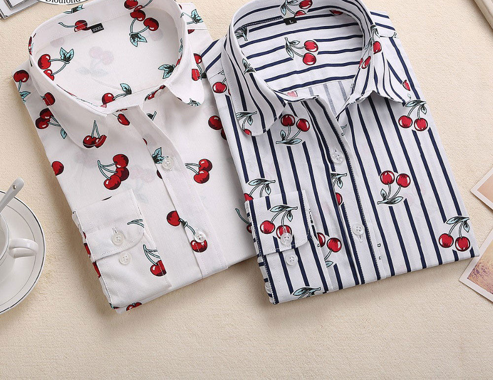 Dioufond Floral Long Sleeve Vintage Blouse Cherry Turn Down Collar Shirt Blusas Feminino Ladies Blouses Womens Tops Fashion-Dollar Bargains Online Shopping Australia