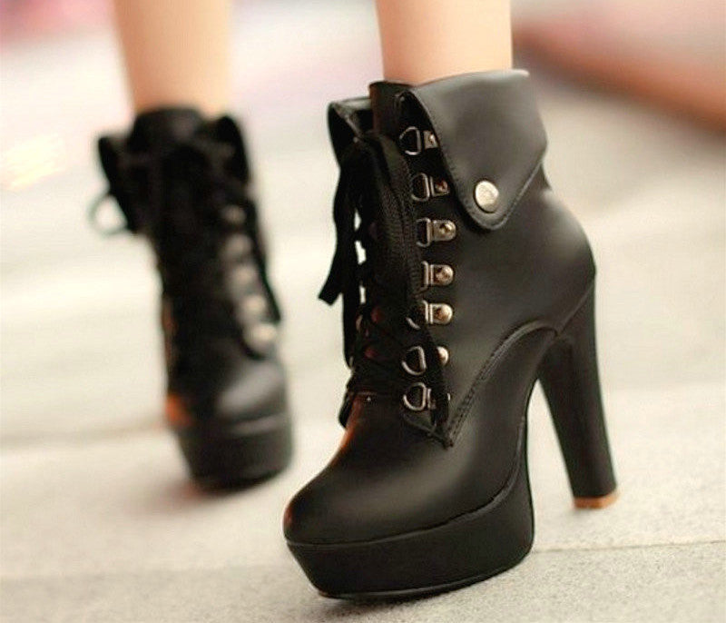 Women Faux Leather Ankle Boots Designer Fashion Platform Chunky High Heels Lace Up Short Booties Woman Autumn Winter Shoes - CelebritystyleFashion.com.au online clothing shop australia