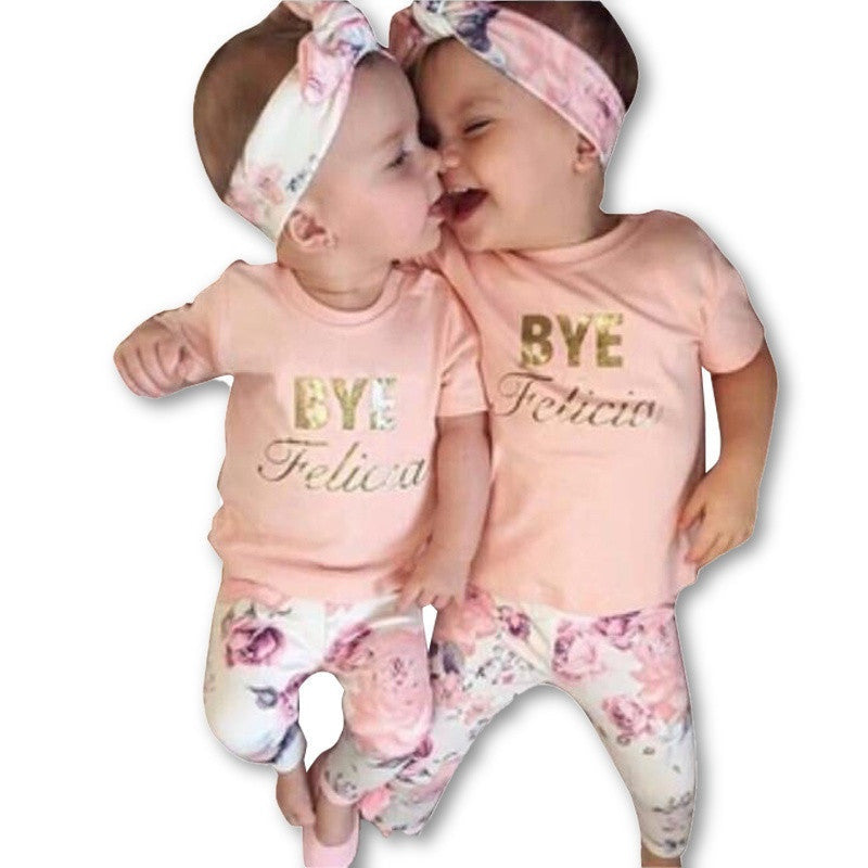 baby girl clothes Flower letter Pattern short sleeve t shirt + pants+scarf 3pcs suit born baby girl clothing set-Dollar Bargains Online Shopping Australia
