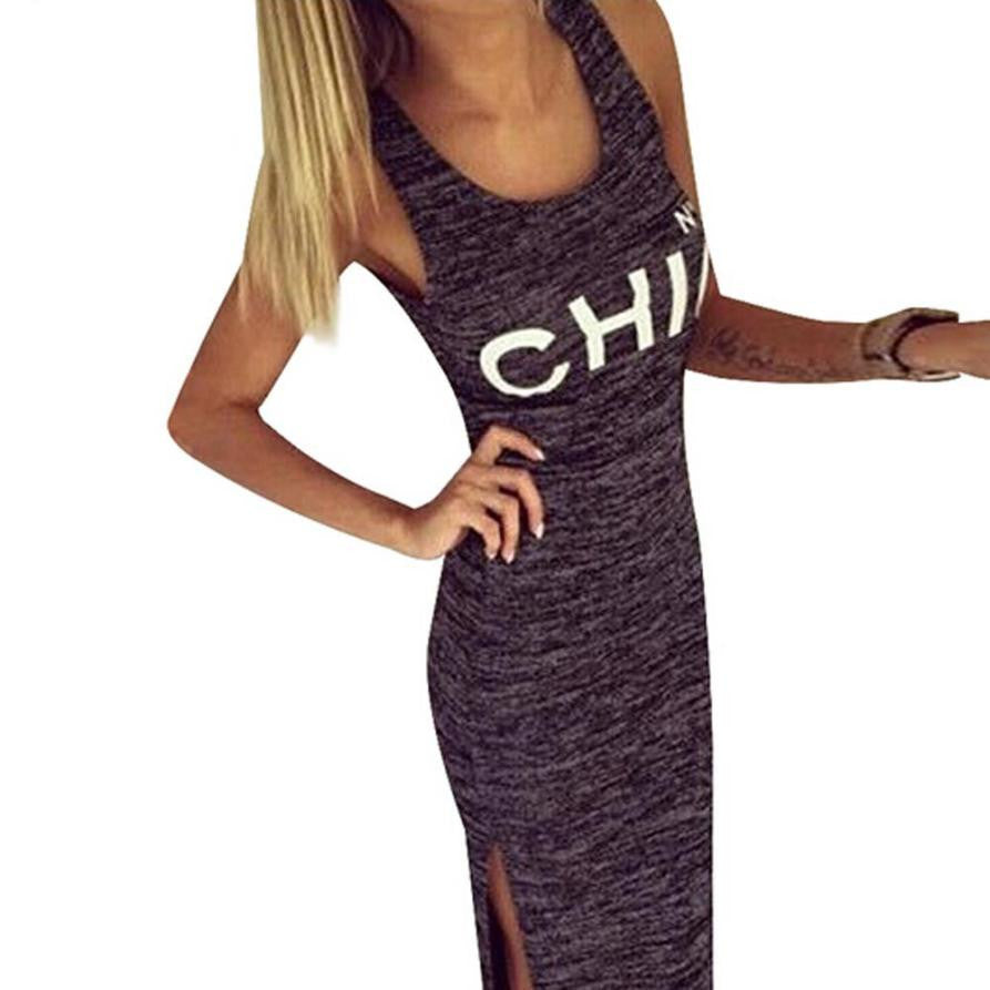 Letter Print Sexy Women Dresses Fashion Summer Grey Long Dress Solid Sleeveless Lady Dress Girls Vestidos #LSW3 - CelebritystyleFashion.com.au online clothing shop australia