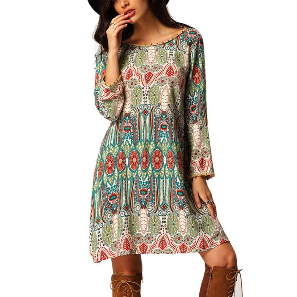 Summer Vintage Ethnic Dress Sexy Women Boho Floral Printed Casual Beach Dress Loose Sundress - CelebritystyleFashion.com.au online clothing shop australia