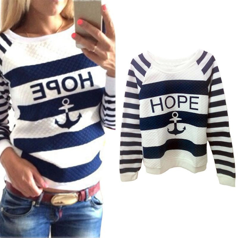 Women Hoodies Anchors Striped Causal Tracksuit Blue White Patchwork Sweatshirts Ladies Pullover - CelebritystyleFashion.com.au online clothing shop australia