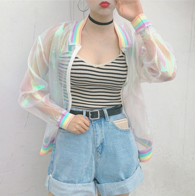 Teen Girls Yarn Cool Laser Symphony Sunscreen Sun Proof Bat Sleeve Jersey Jacket Clear iridescent transparent coat rainbow G831 - CelebritystyleFashion.com.au online clothing shop australia