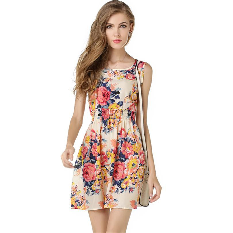 Women casual Bohemian floral flower sleeveless vest printed beach chiffon top dress S092 - CelebritystyleFashion.com.au online clothing shop australia