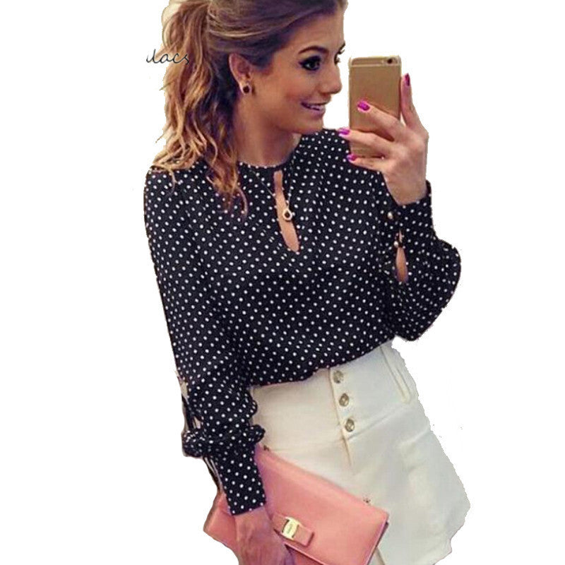 Long Sleeve Slit Open Women Blouse Polka Dots Shirt Top Chiffon Hollow Sexy Casual Shirt Plus Size Women Tops Blusas bluse-Dollar Bargains Online Shopping Australia
