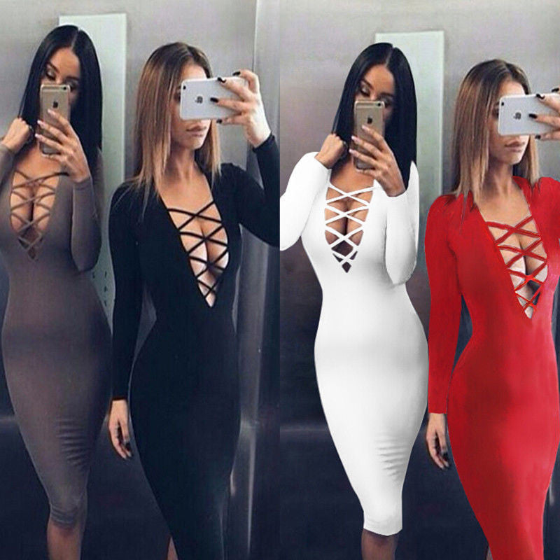 Tie Up Deep V Neck Criss Long Sleeve Bandage Dress Hot Colors -  - 1