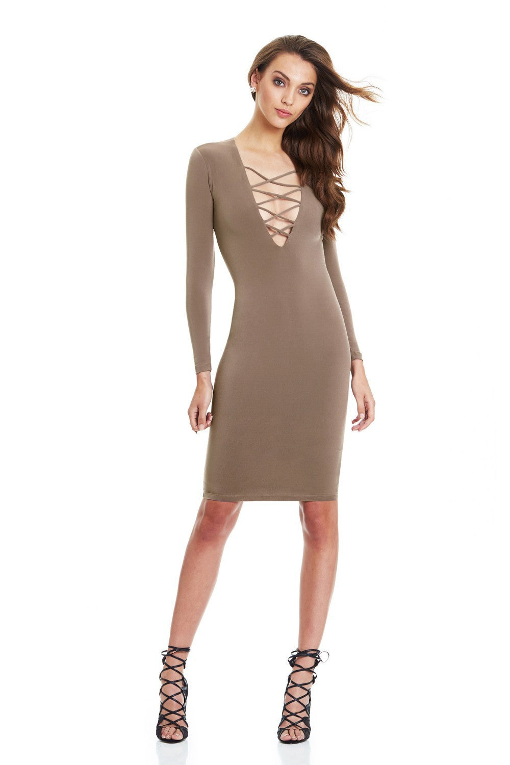 Tie Up Deep V Neck Criss Long Sleeve Bandage Dress Hot Colors -  - 7