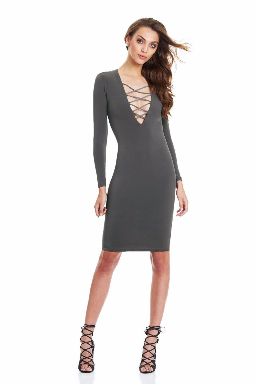 Tie Up Deep V Neck Criss Long Sleeve Bandage Dress Hot Colors -  - 5