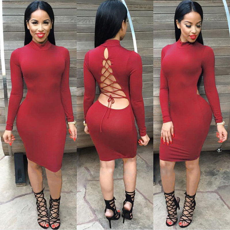 Tie Up Backless Criss Long Sleeve Bandage Dress -  - 4
