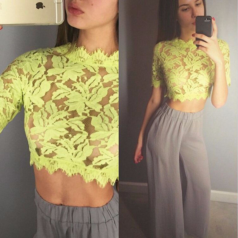Floral Lace Sheer Crop Top -  - 5