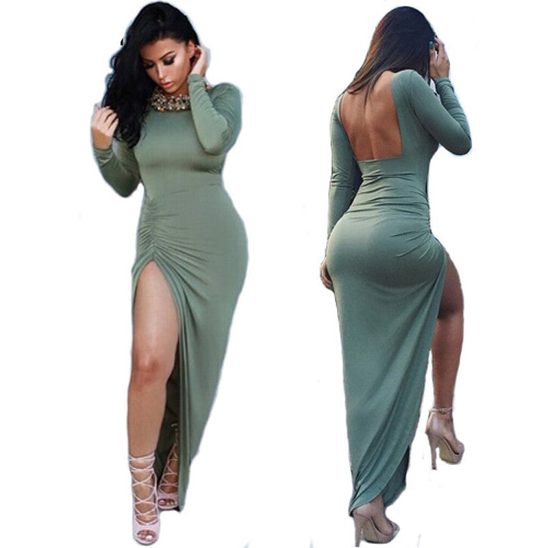 Backless Slit Long Sleeve Maxi Dress -  - 1