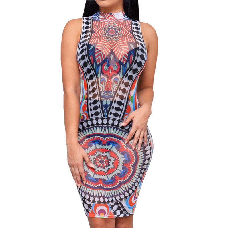 Vintage Sleeveless Tribal Print Mesh Bandage Dress -  - 1