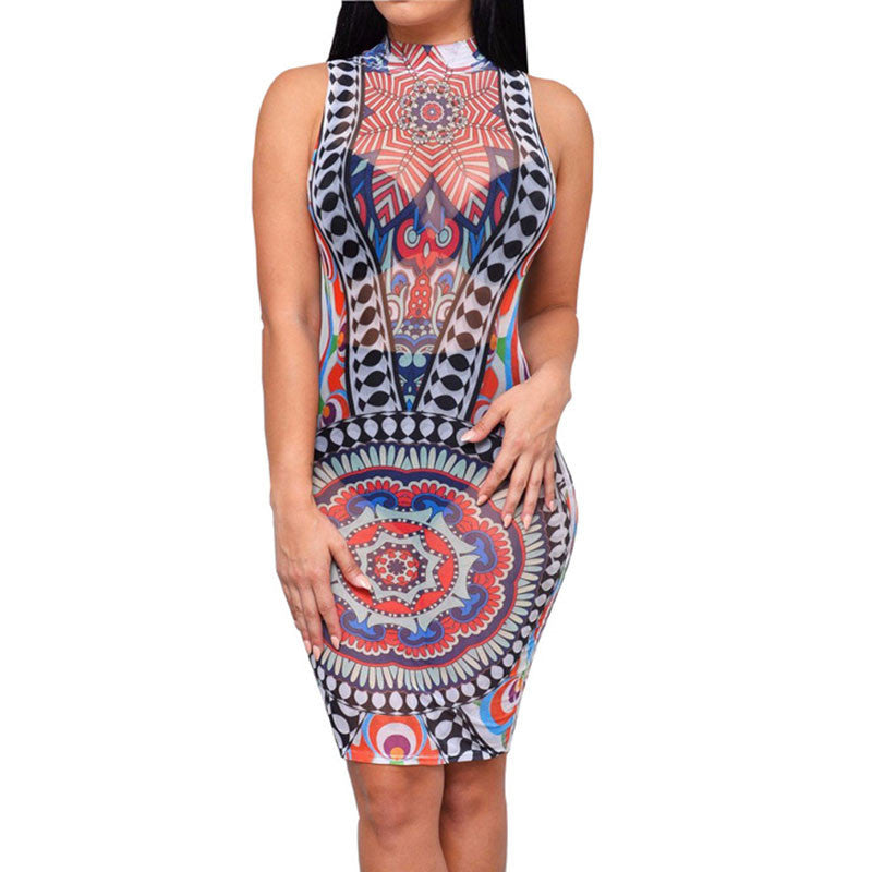Vintage Sleeveless Tribal Print Mesh Bandage Dress -  - 2