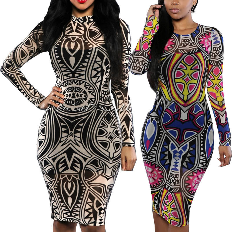 Tribal Tattoo Sheer Print Long Sleeve Party Dress -  - 1