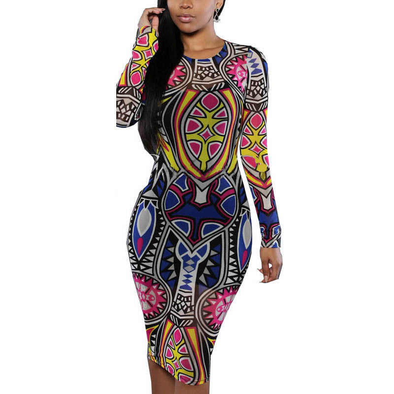 Tribal Tattoo Sheer Print Long Sleeve Party Dress -  - 3