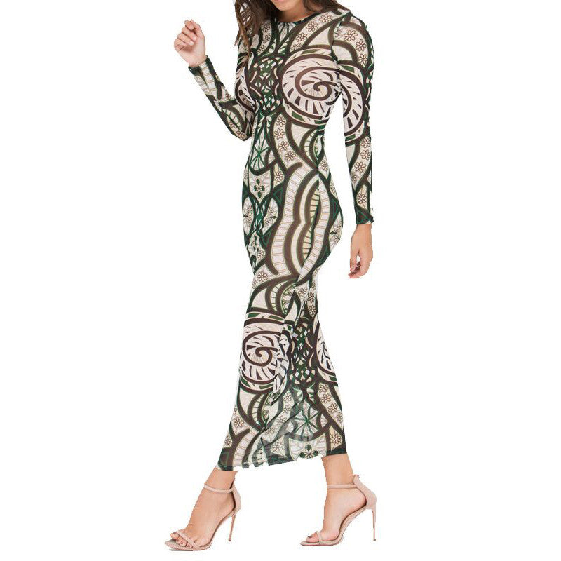 Tribal Printing Sheer Mesh Party Maxi Dress - 