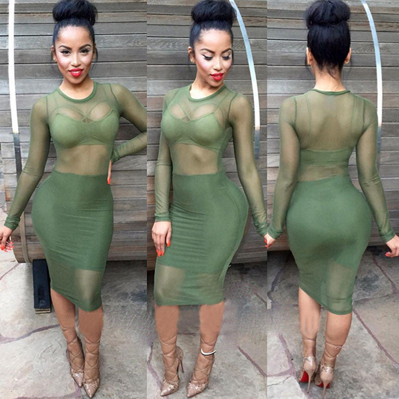 Mesh Sheer Party Knee Length Bandage Lace Dress Kim Kardashian Style -  - 2