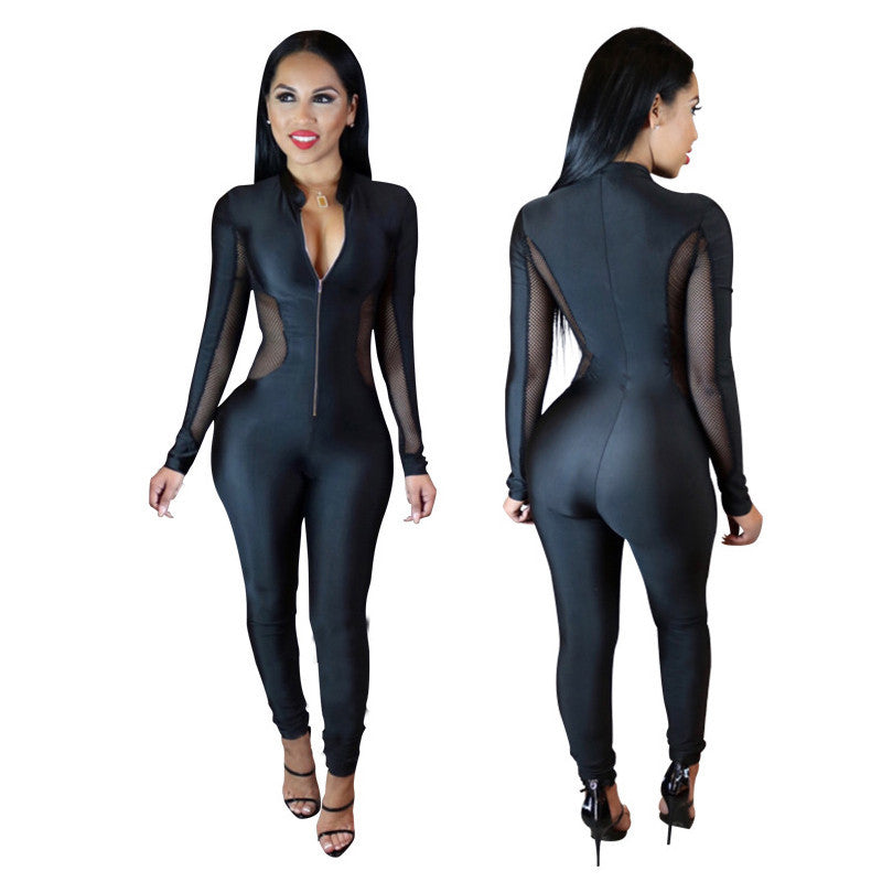 Stretch Black Mesh Sheer Patchwork Turtleneck Jumpsuit -  - 2